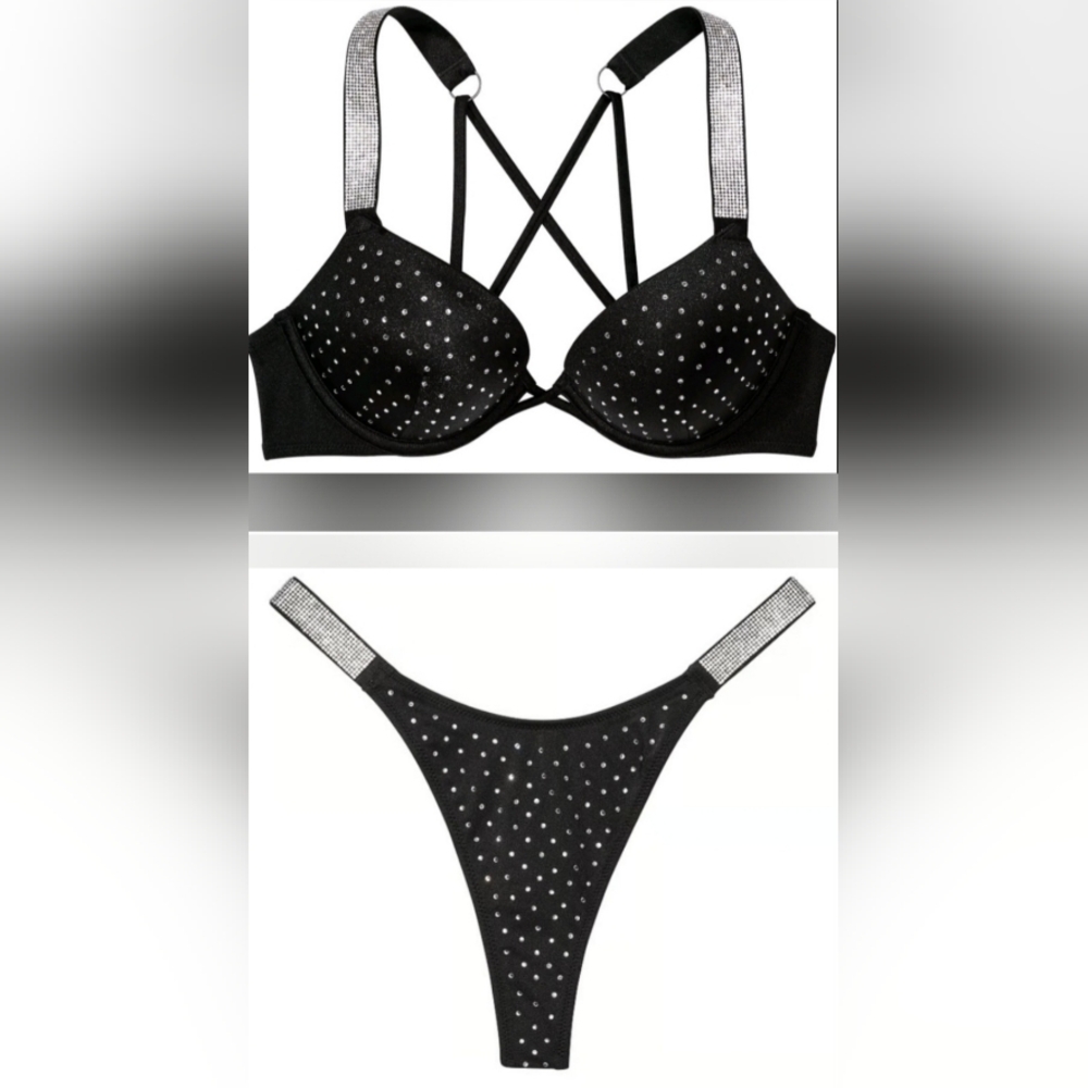 38DD/XL VS Swim Diamanté Shine Strap Bombshell Bikini Top Thong Bikini Set